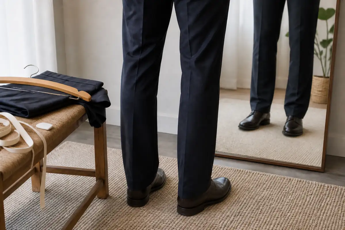 An adult comparing the hem length of plain trousers above unbranded shoes