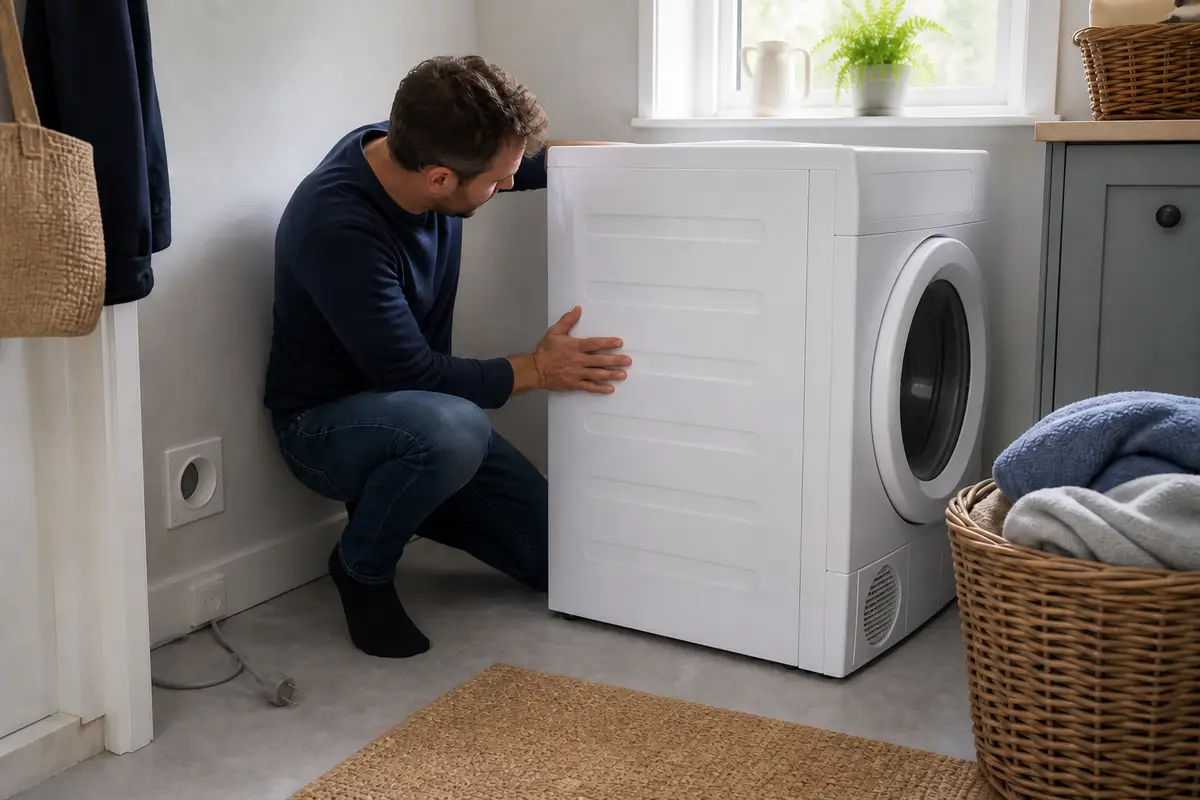 An adult checking clearance behind a generic unbranded tumble dryer