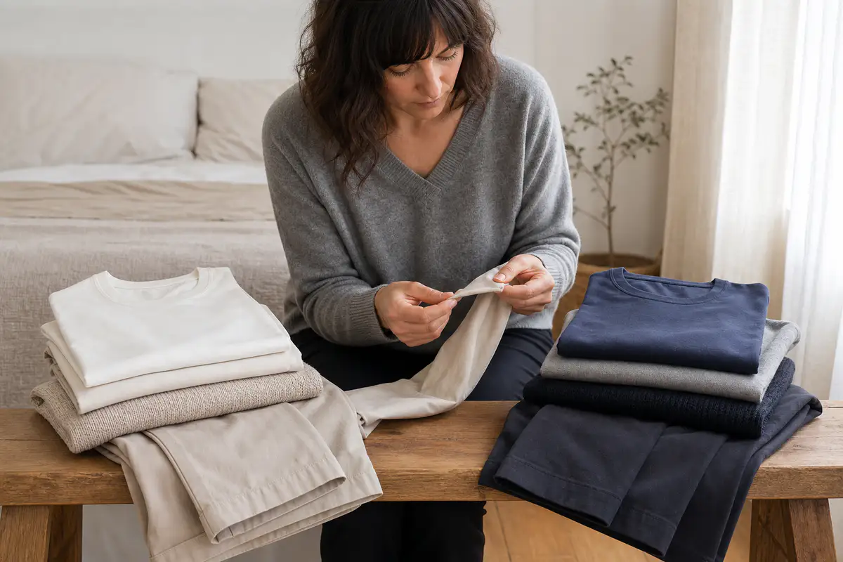 A shopper comparing two groups of unbranded everyday clothing basics