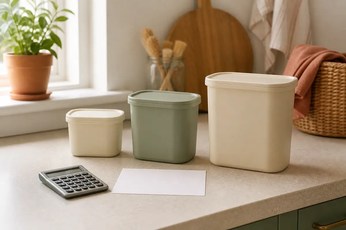 Three plain household containers of different sizes beside a calculator and blank comparison card
