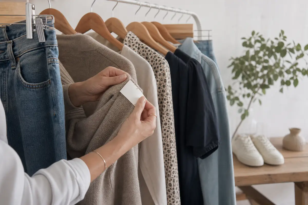 Adult hands checking a blank care label on a fictional unbranded youth-fashion rail