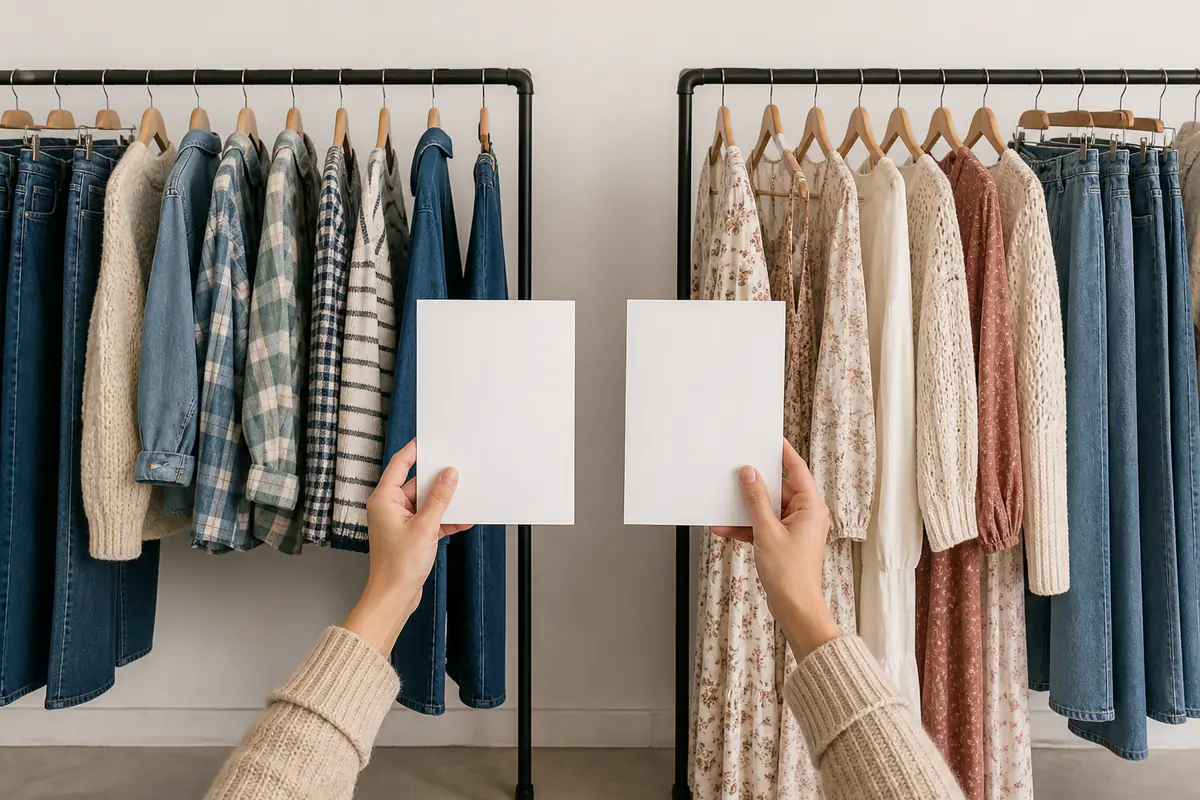 Two equal fictional unbranded clothing rails compared with blank cards