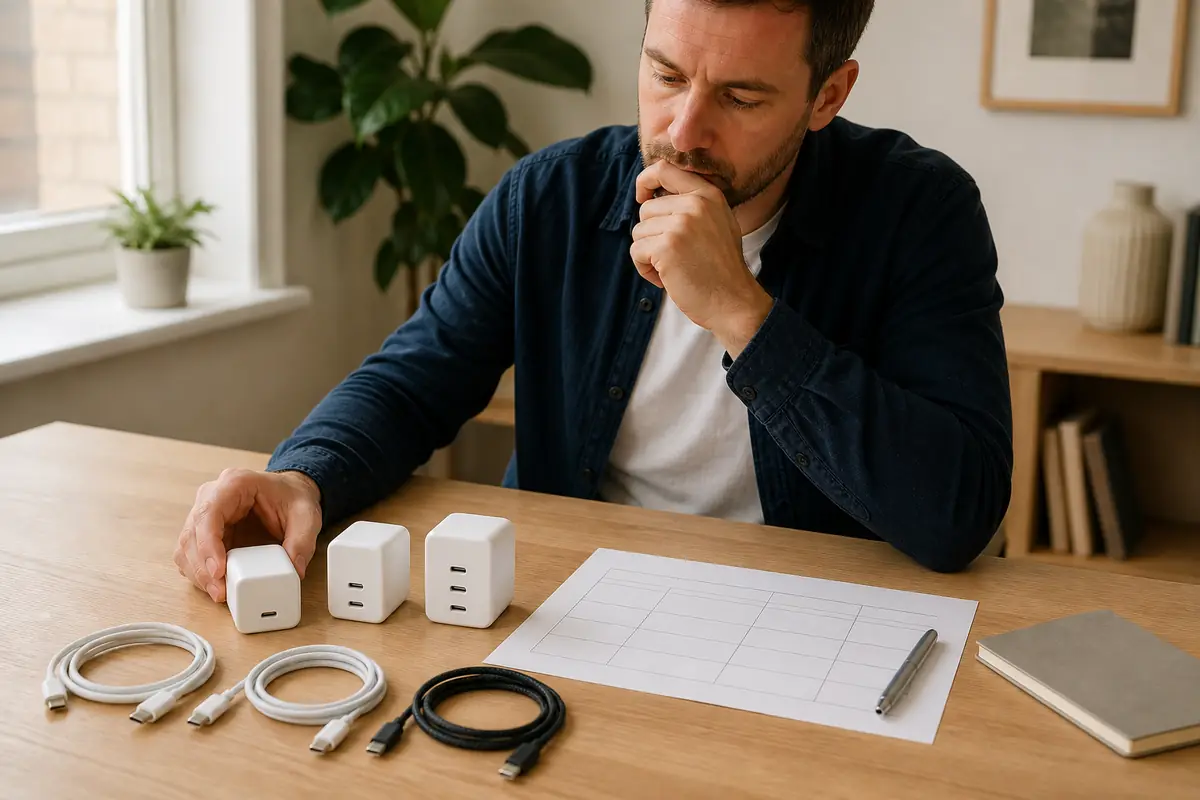 An adult comparing plain USB-C chargers and generic cables