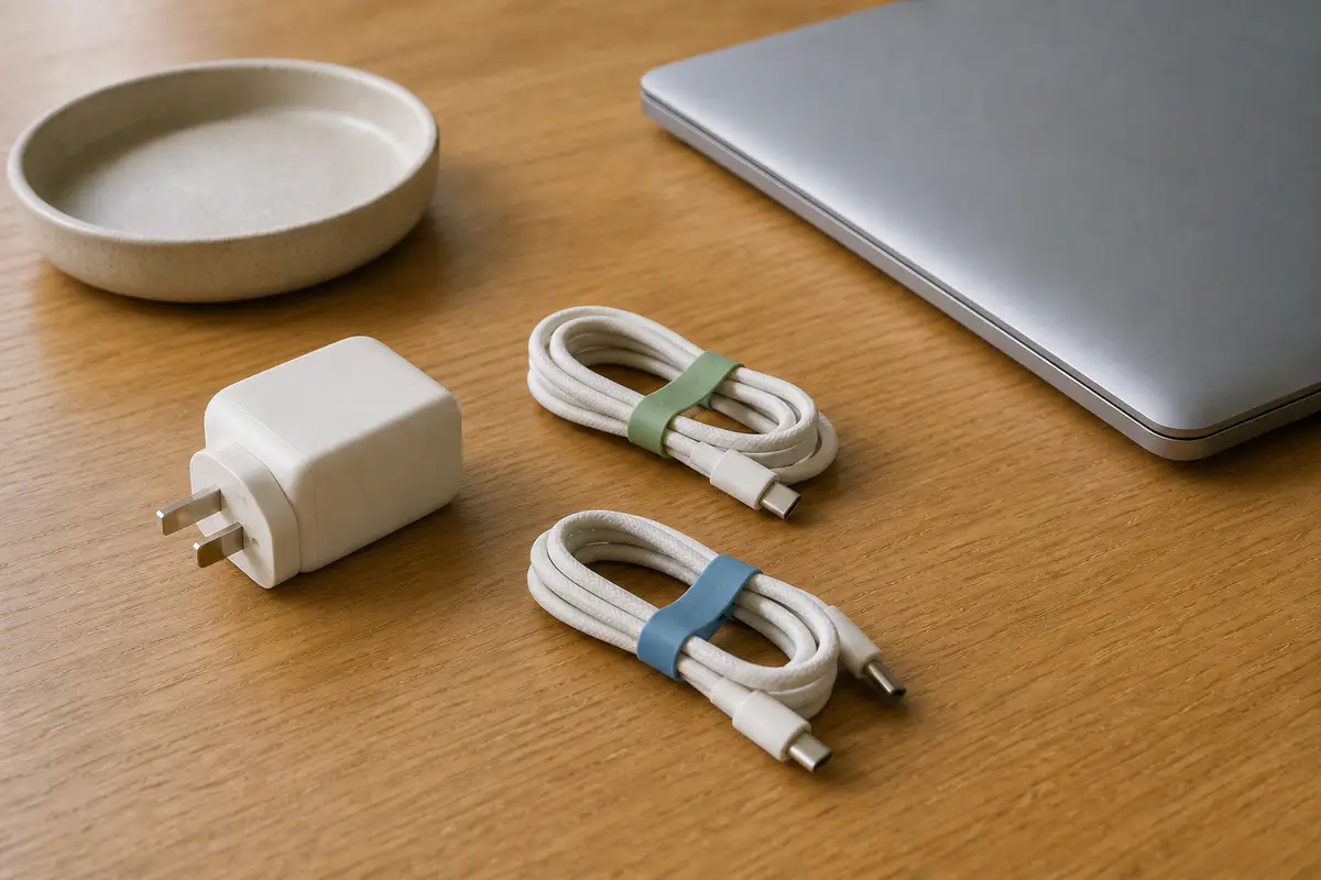 A plain USB-C charger and two coiled cables arranged on a warm desk