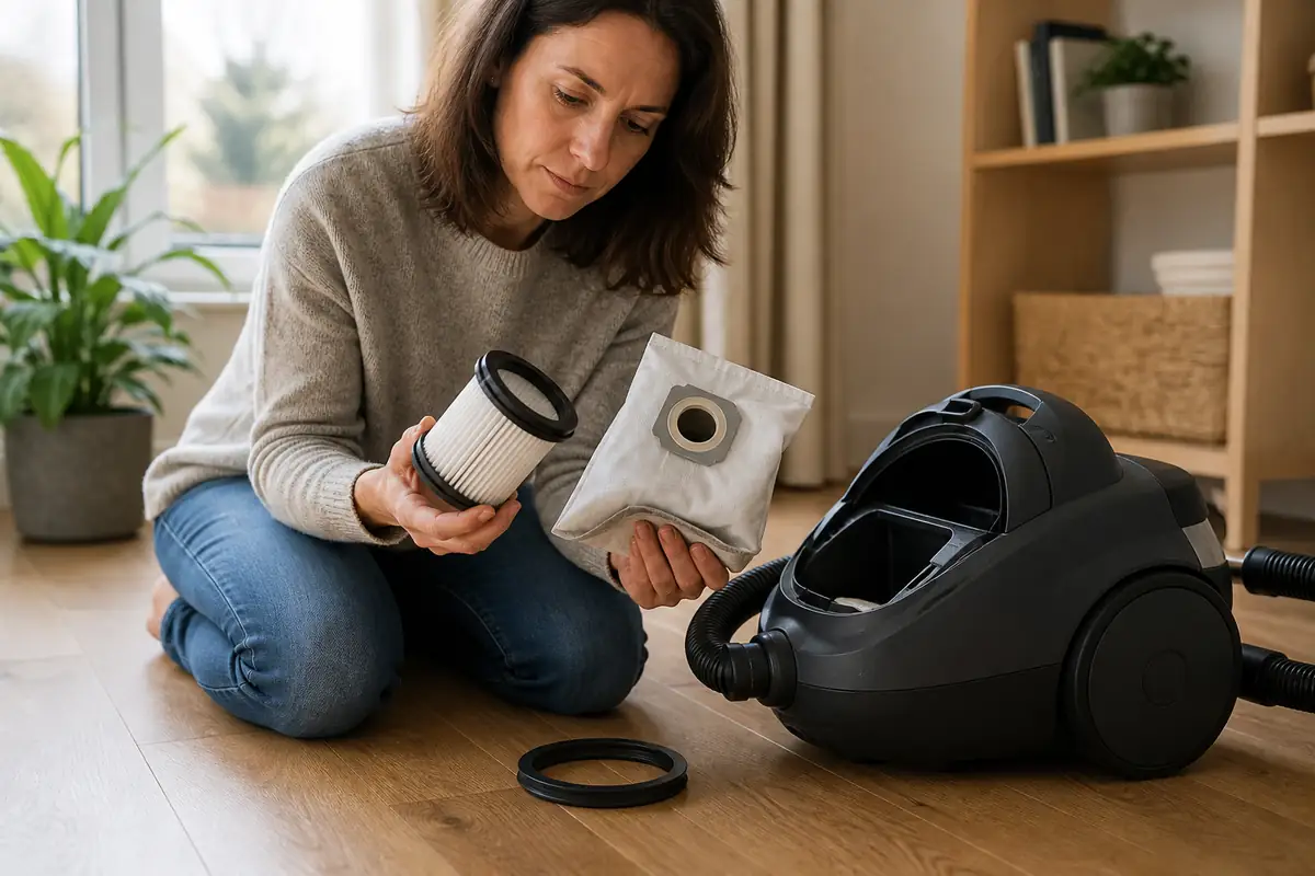An adult inspecting a generic vacuum filter, dust bag and gasket