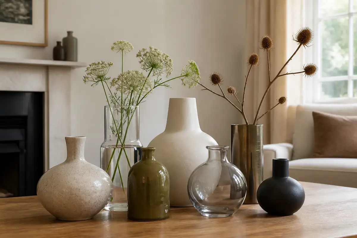 Unbranded glass, ceramic and metal vases with varied heights and openings