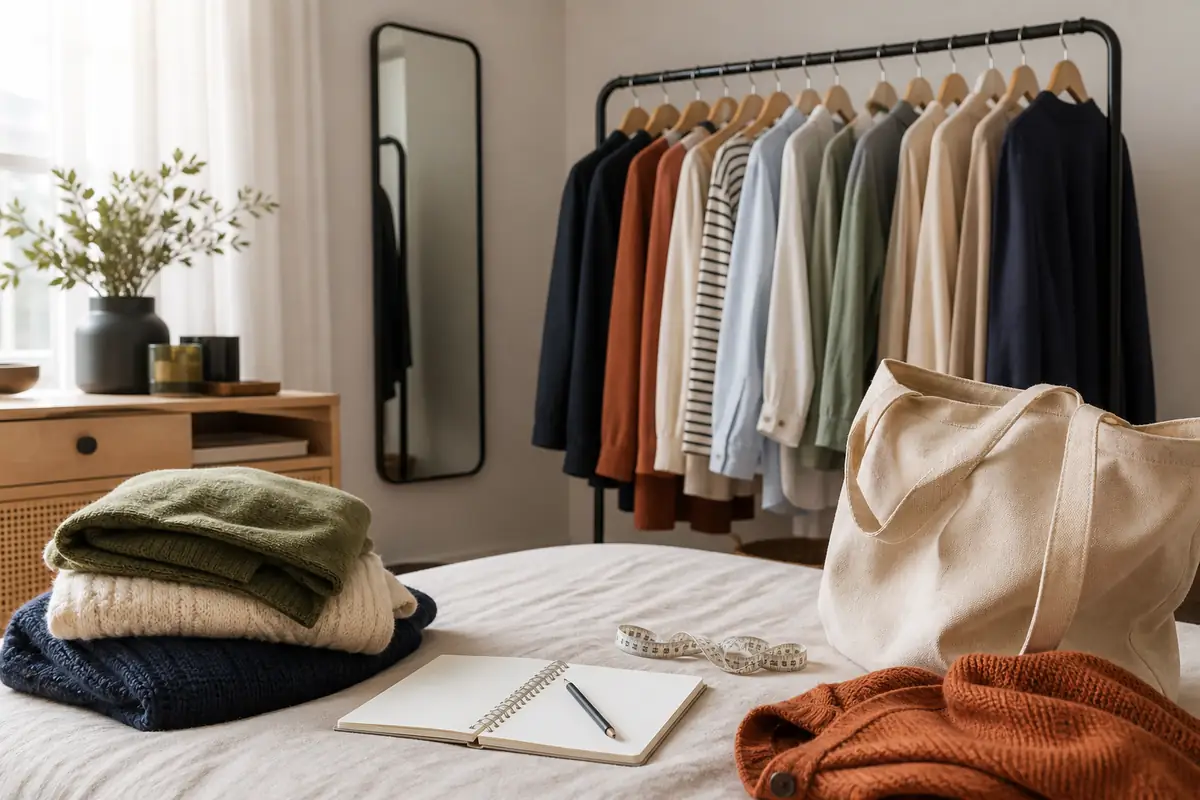 An unbranded multi-brand wardrobe arranged beside folded knitwear and a measuring tape