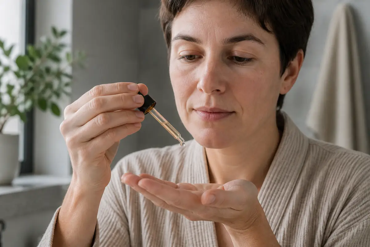 An adult dispensing clear unbranded serum into their palm