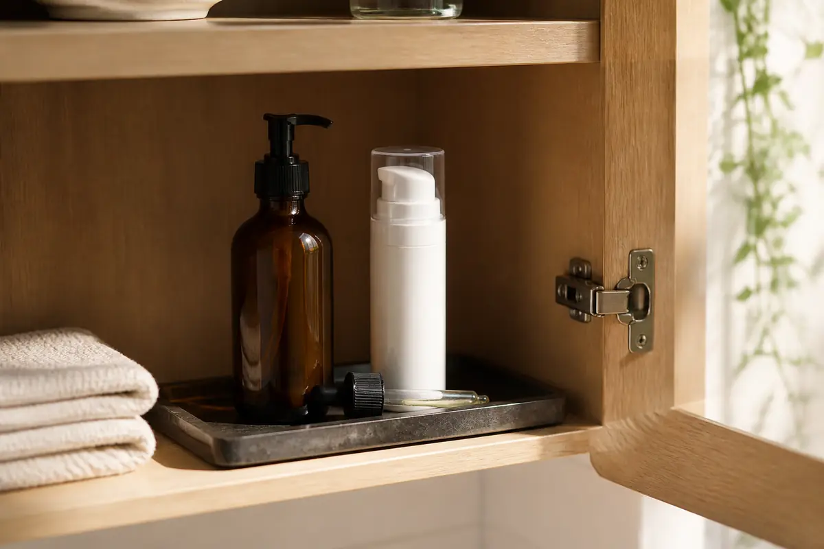 Blank amber and opaque serum bottles stored on a shaded bathroom-cabinet tray