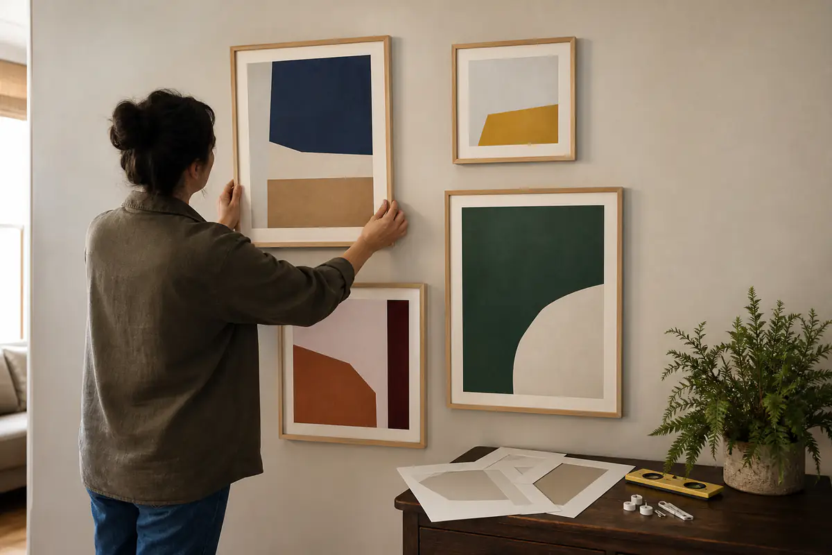 An adult arranging original abstract framed art with paper templates and plain hanging tools