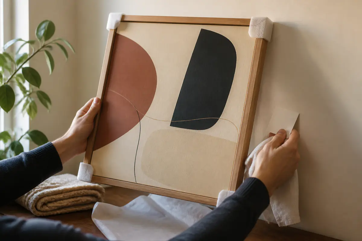 Adult hands protect an original abstract framed artwork for careful display and moving