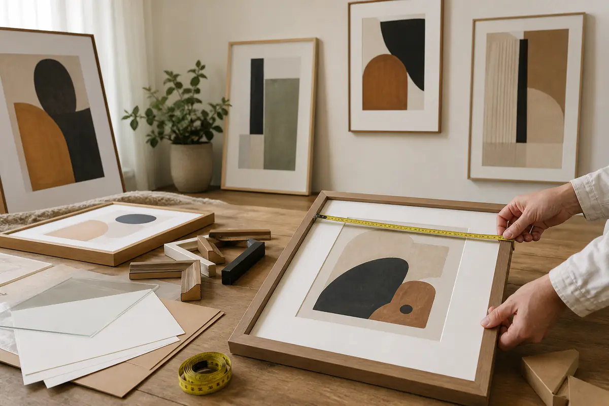 Adult hands measure a fictional abstract print with frame and glazing samples