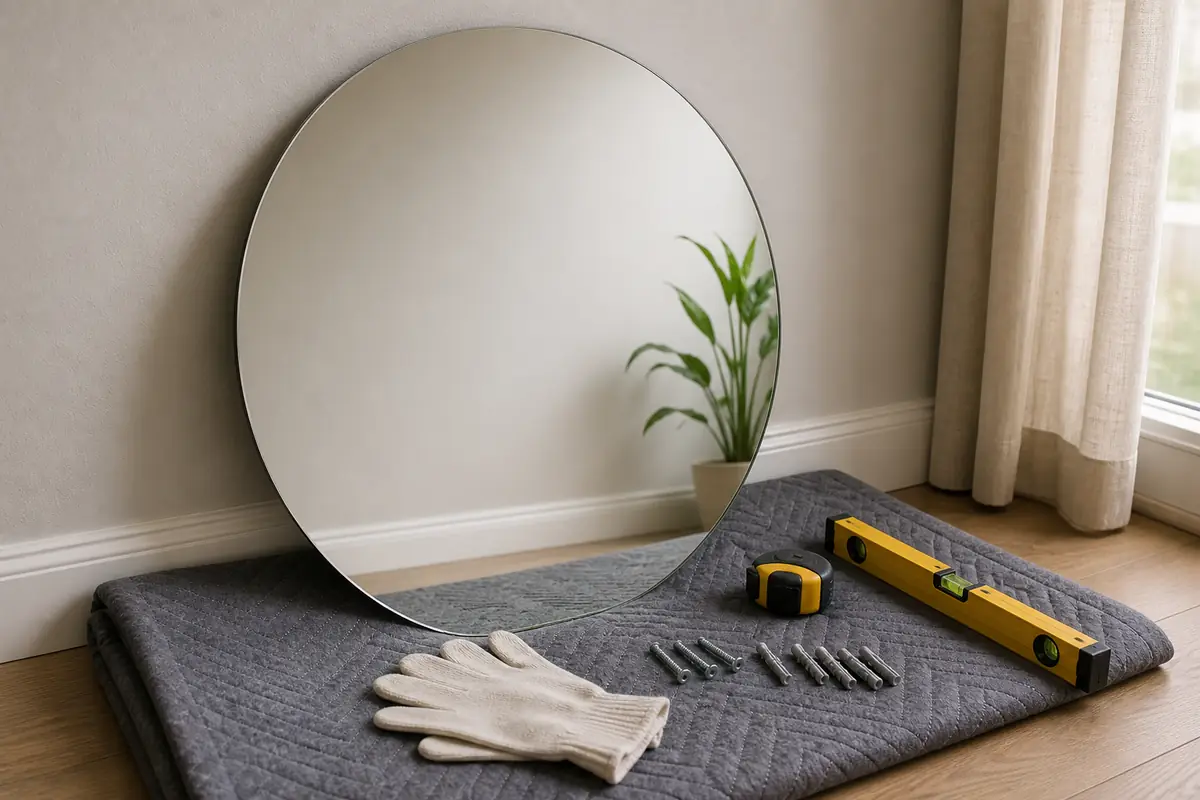 A plain round mirror on a moving blanket beside generic safe fixing tools