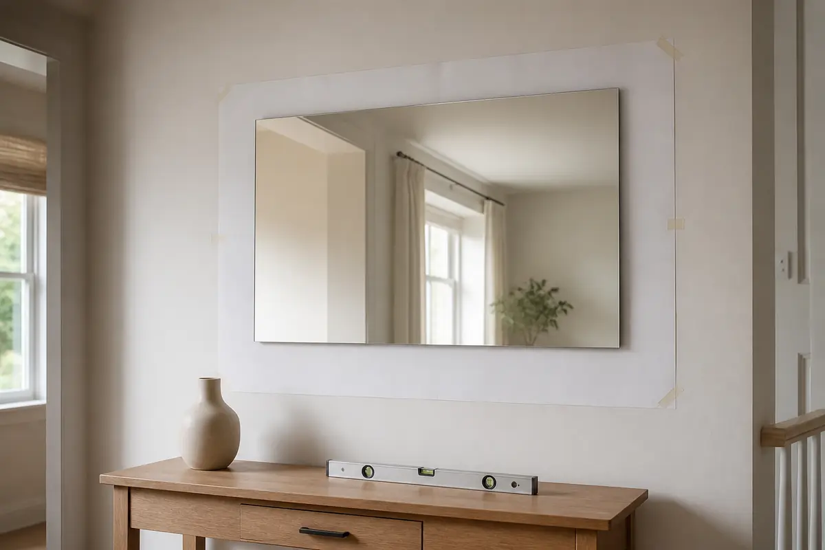 A plain wall mirror positioned above an oak console with a paper template and spirit level