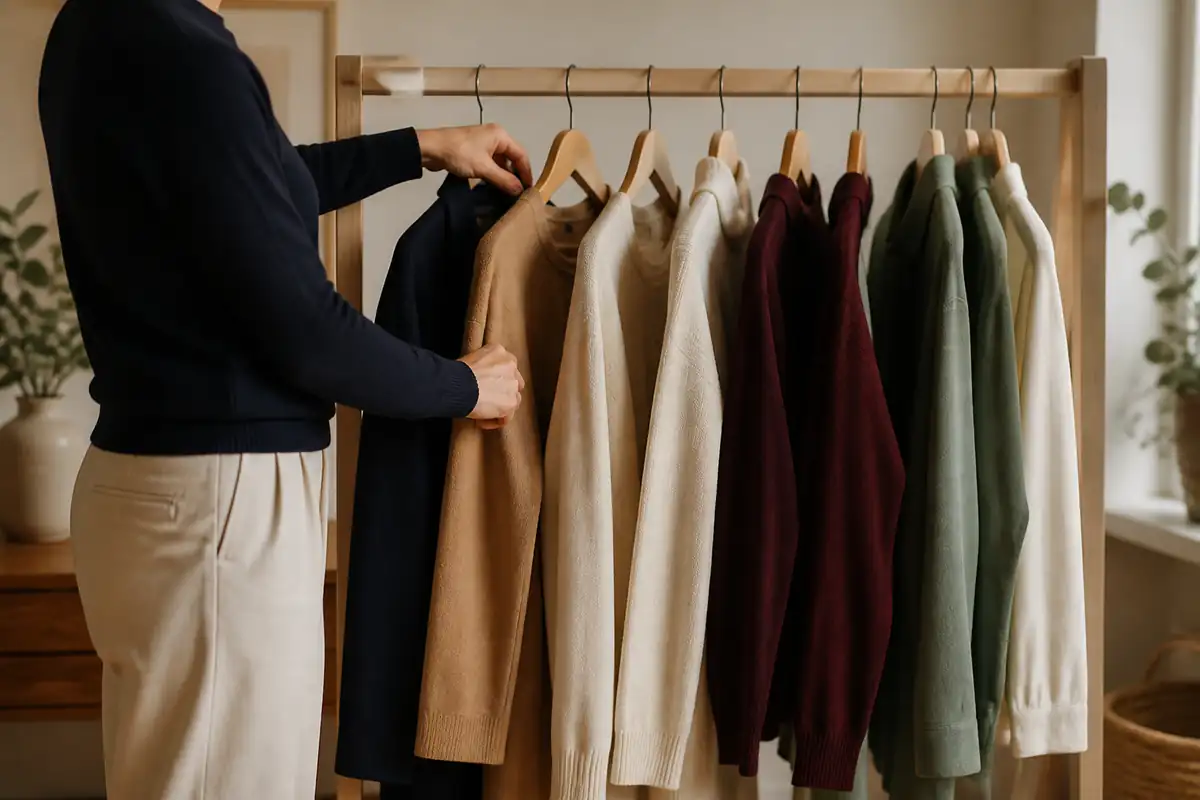 An adult arranging plain neutral and accent-colour garments on a rail