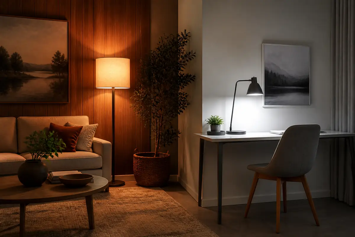 A living room with warm ambient light and a clearer task-lighting zone