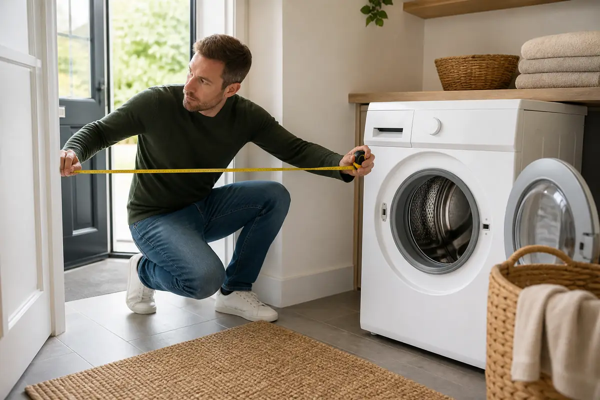 An adult measuring an entrance beside a plain washing machine
