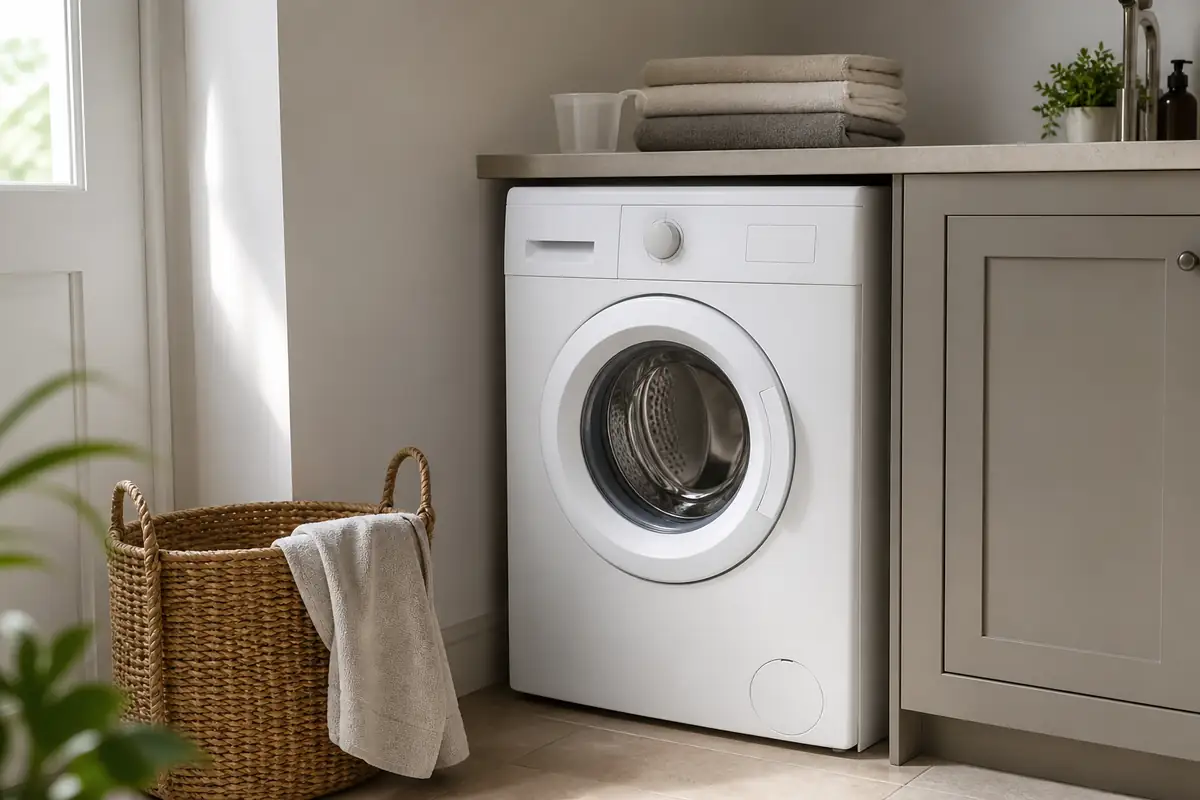 An unbranded white washing machine in a calm utility room