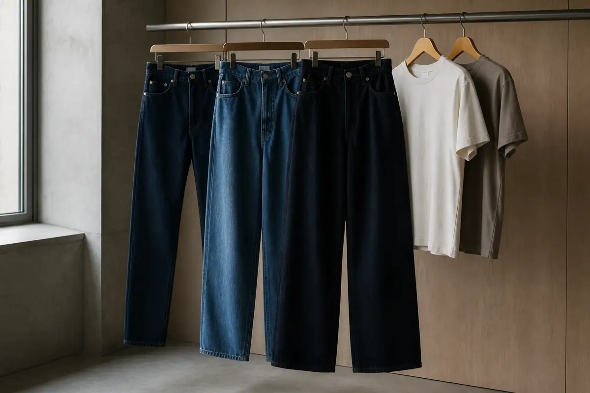 Three unbranded denim silhouettes beside plain neutral T-shirts