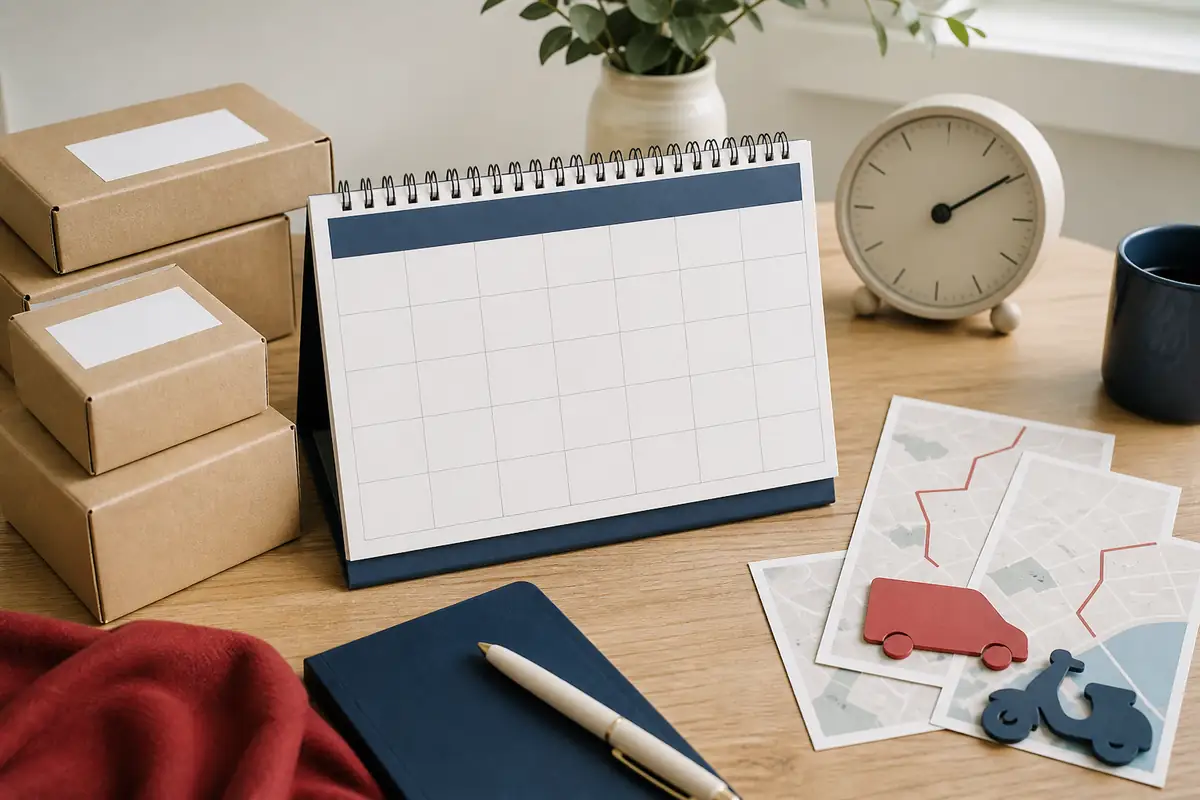 Blank parcels, calendar, clock and route cards arranged for delivery planning