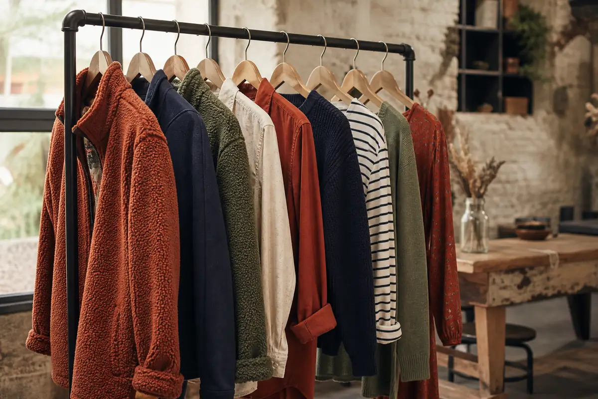 A fictional unbranded rail of graphic casual tops, fleece and relaxed layers in a natural studio