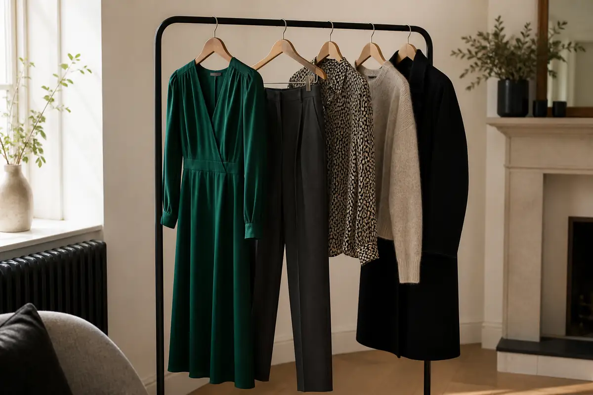A refined unbranded fashion rail with modern dresses, knitwear and tailoring