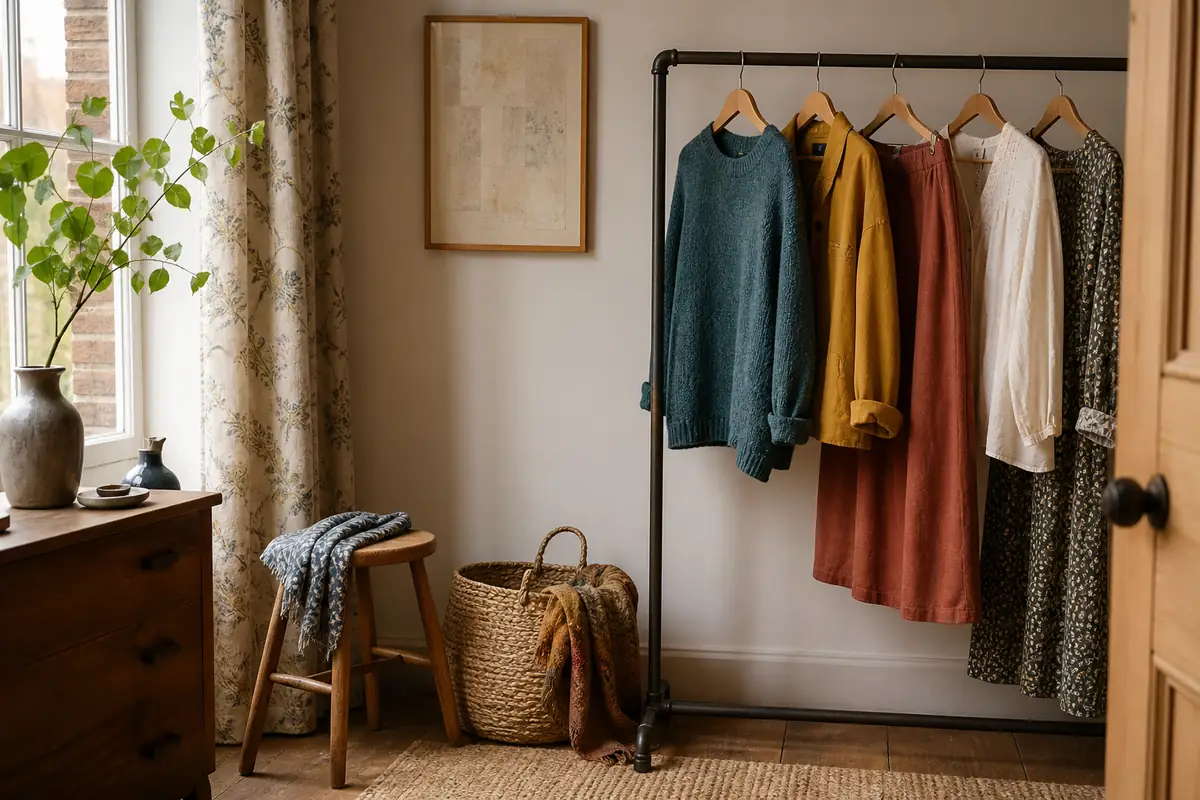 A relaxed unbranded clothing rail with textured knitwear, casual dresses and plain separates