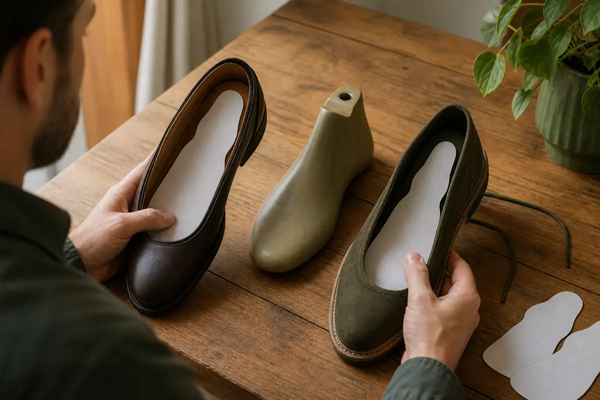 An adult comparing the internal shapes of two plain shoes beside a generic last