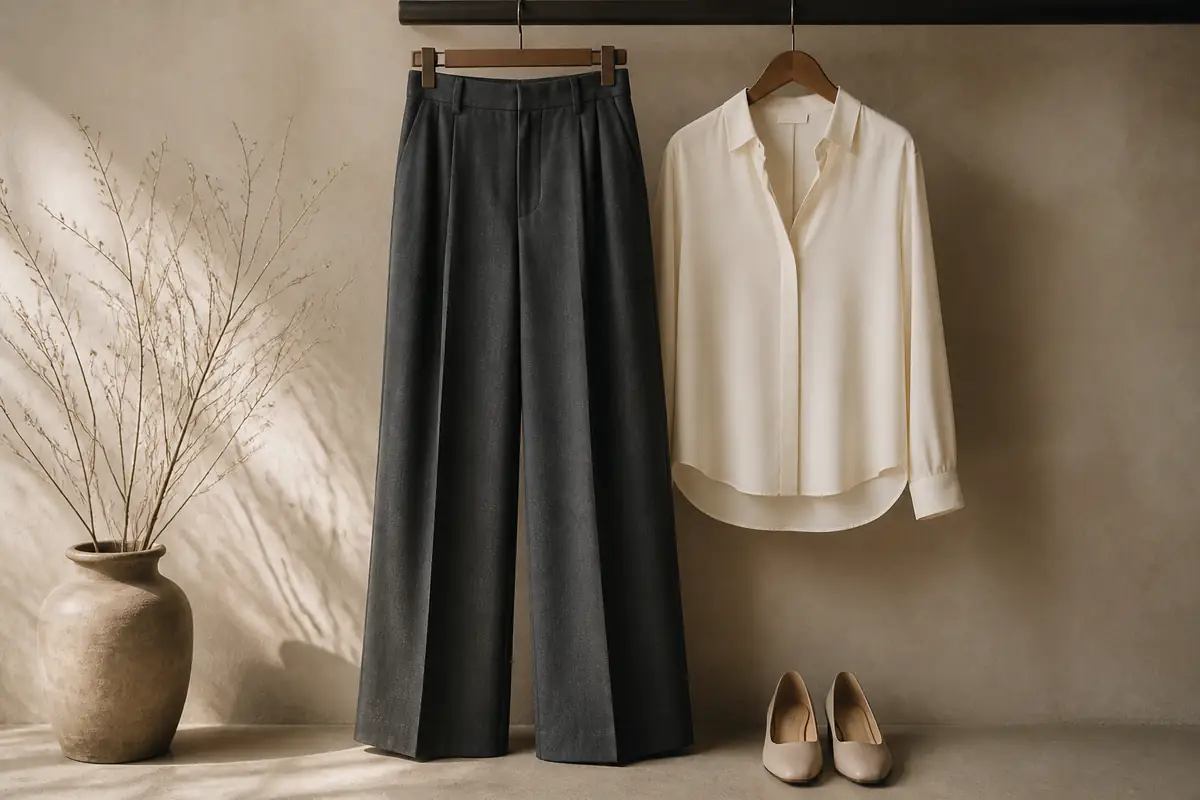 Plain charcoal wide-leg trousers hanging beside a cream blouse