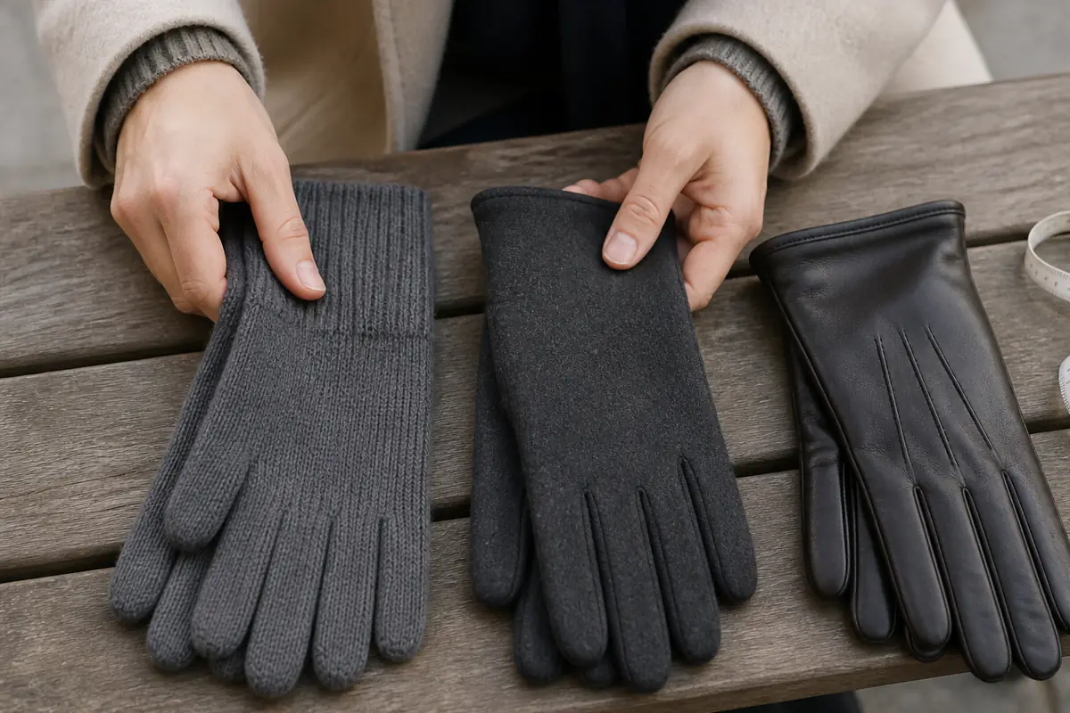 An adult comparing plain winter gloves and lining materials in natural light