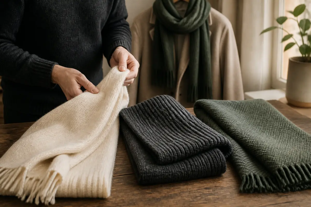 An adult comparing plain woven and knitted winter scarves in natural light