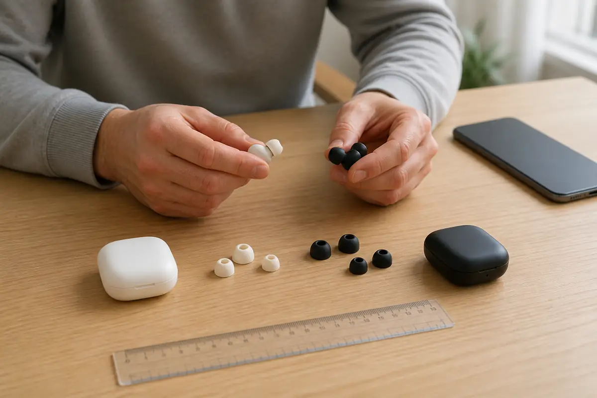 An adult comparing plain wireless earbuds, tips and charging cases