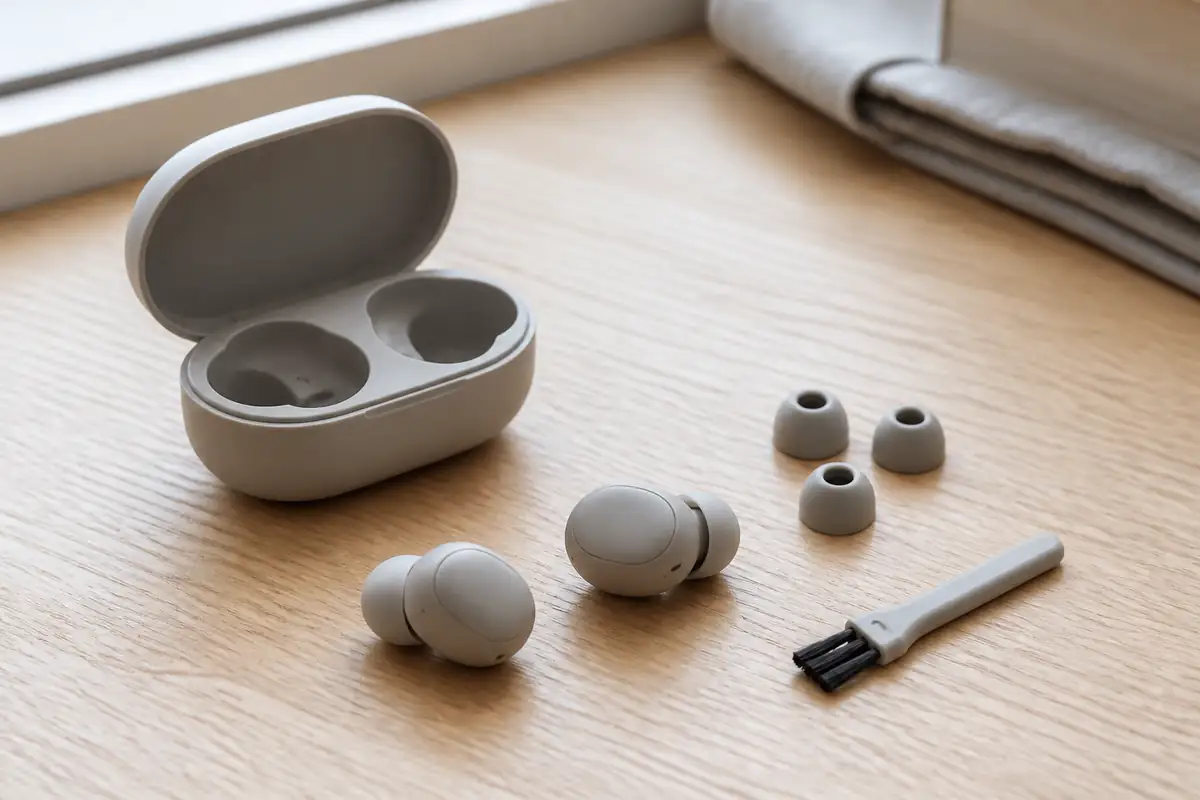 Unbranded wireless earbuds, charging case, replacement tips and cleaning brush