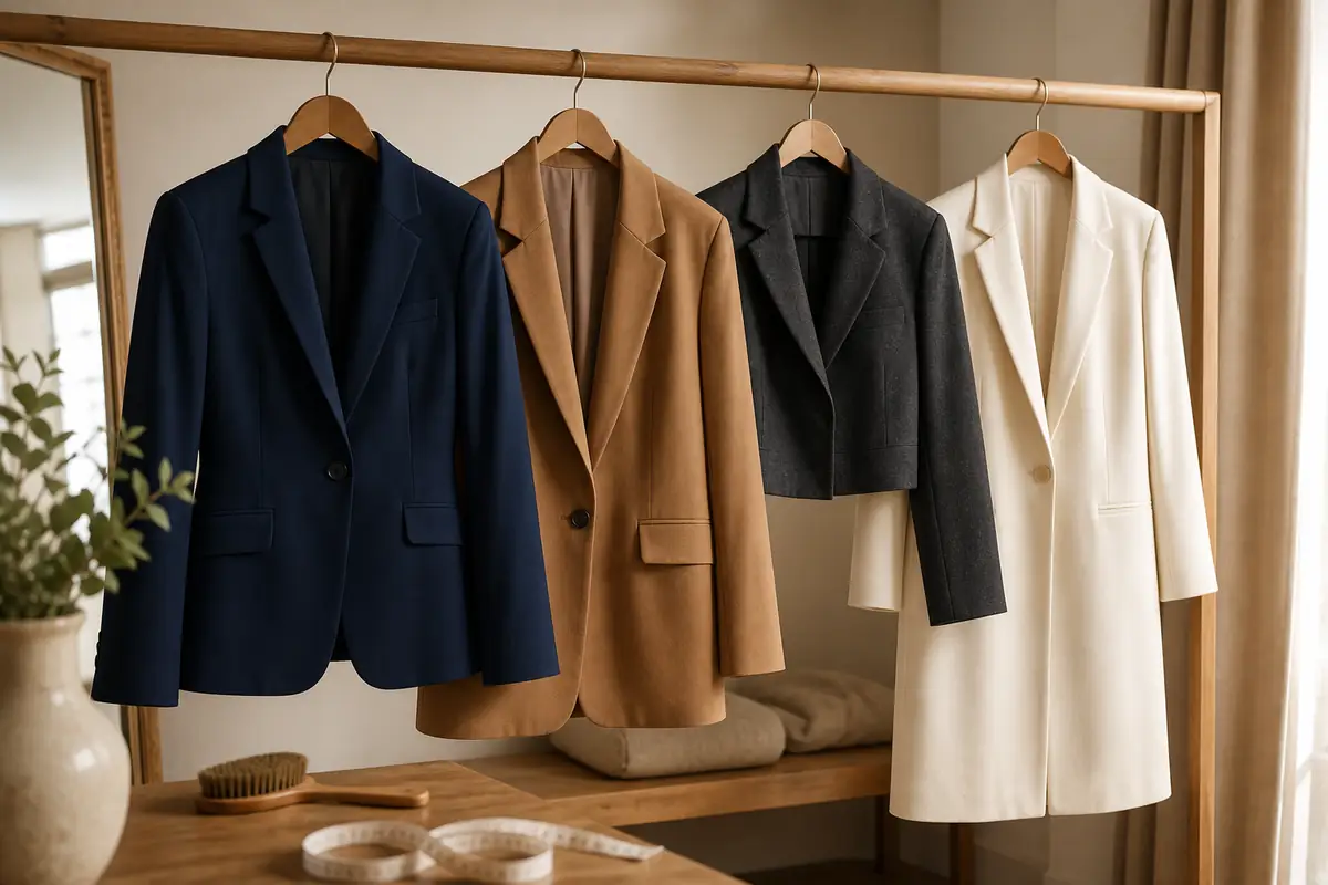 A structured unbranded blazer on a dress form beside a tape measure and plain shirt