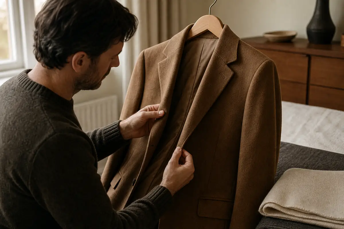 An adult inspecting the lapel and lining of a plain camel wool coat