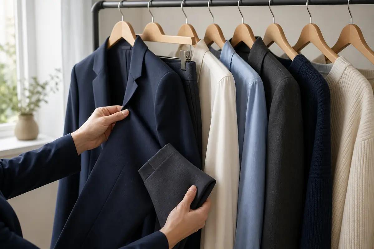 An adult coordinating plain navy and neutral workwear on a rail