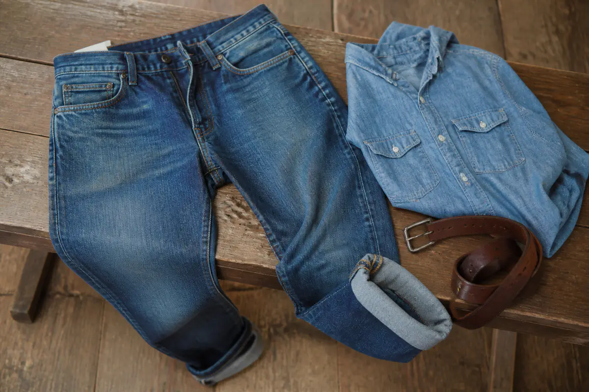 Fictional unbranded rugged blue jeans and a plain denim shirt arranged in a warm workshop setting