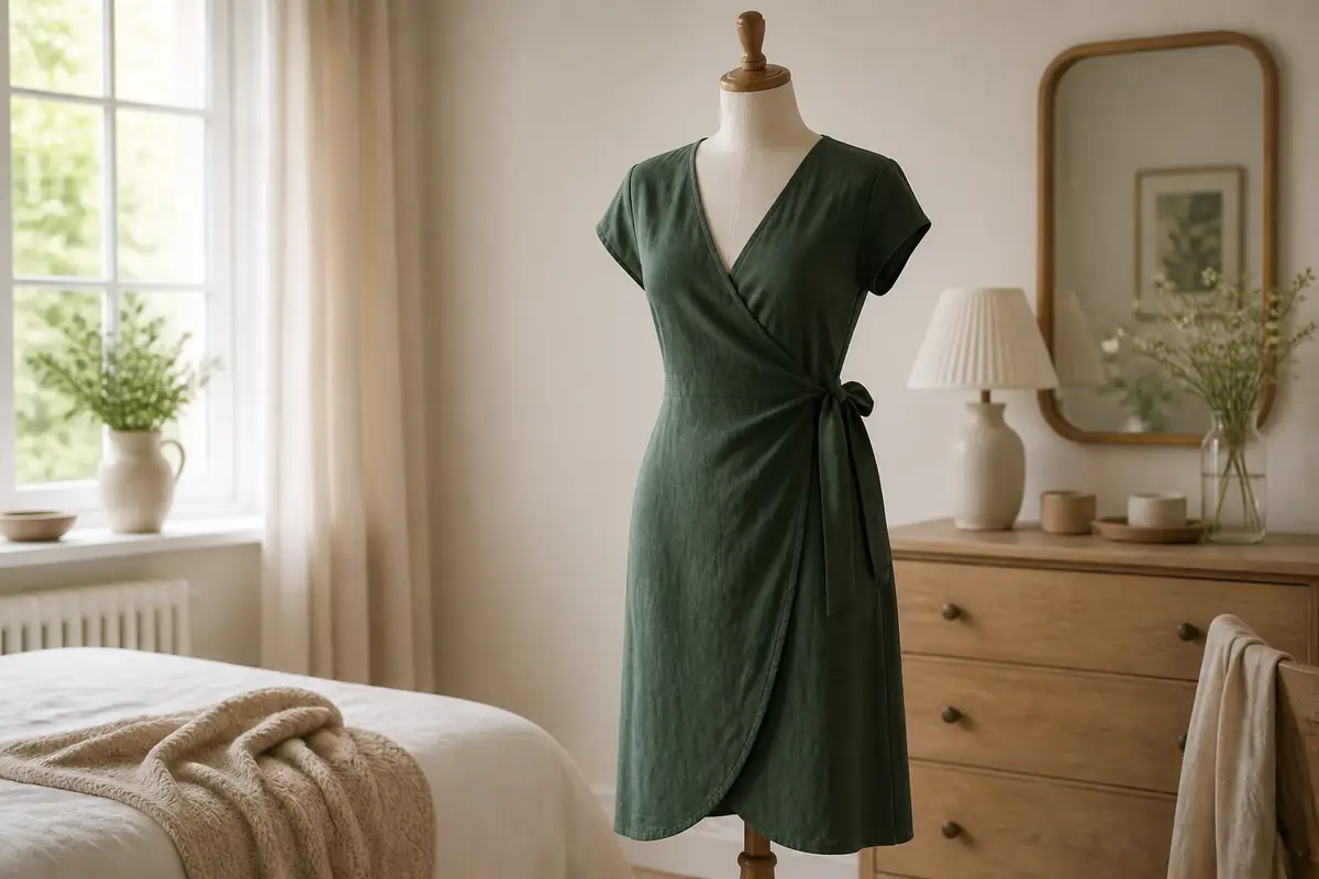 An unbranded forest-green wrap dress on a dress form in a calm bedroom