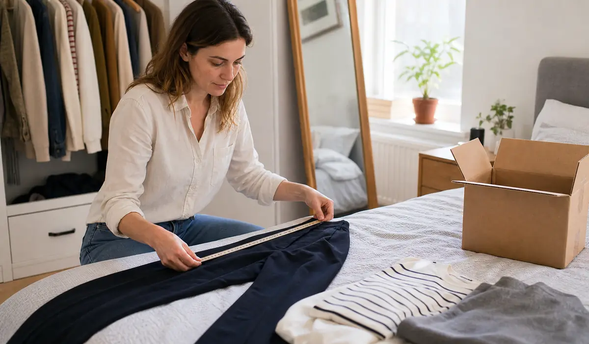 A shopper measuring unbranded trousers from an online fashion order