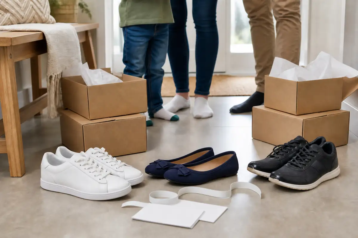 A family comparing several pairs of plain unbranded shoes beside blank shoe boxes
