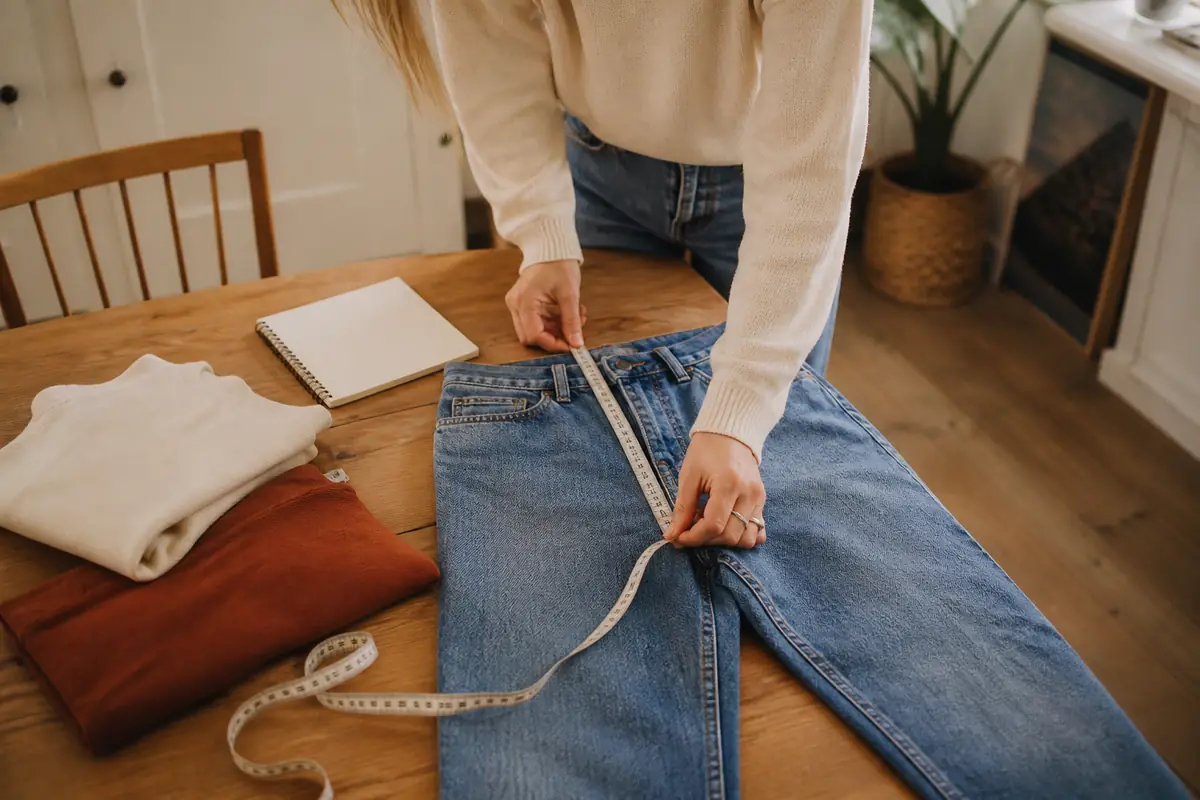 A shopper measuring unbranded jeans at home before choosing a size