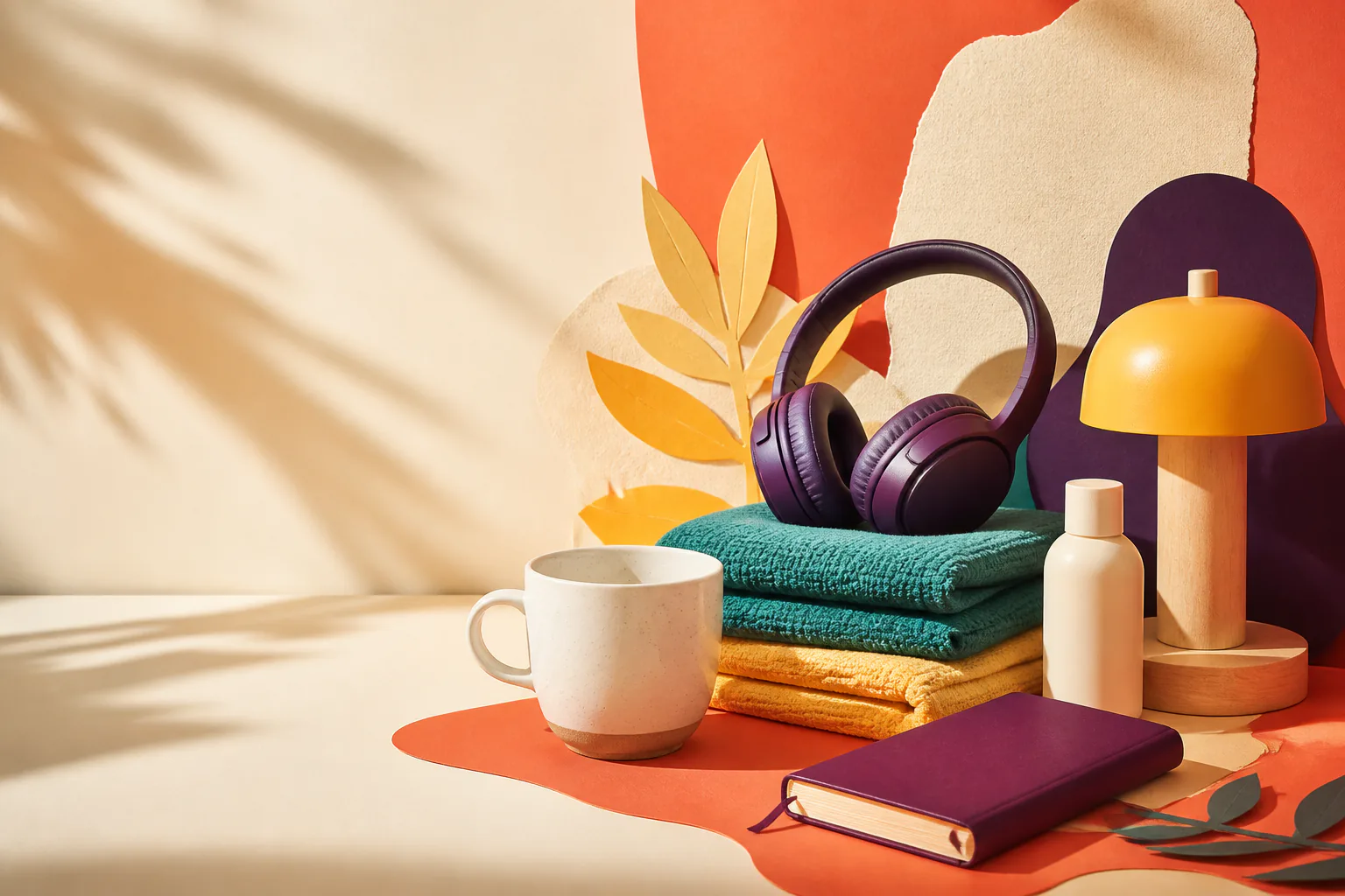 Colourful arrangement of unbranded everyday objects including headphones, textiles, a lamp and a mug